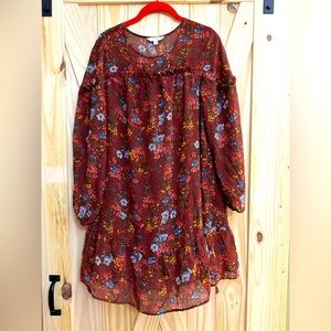 Maroon floral sheer sleeve dress